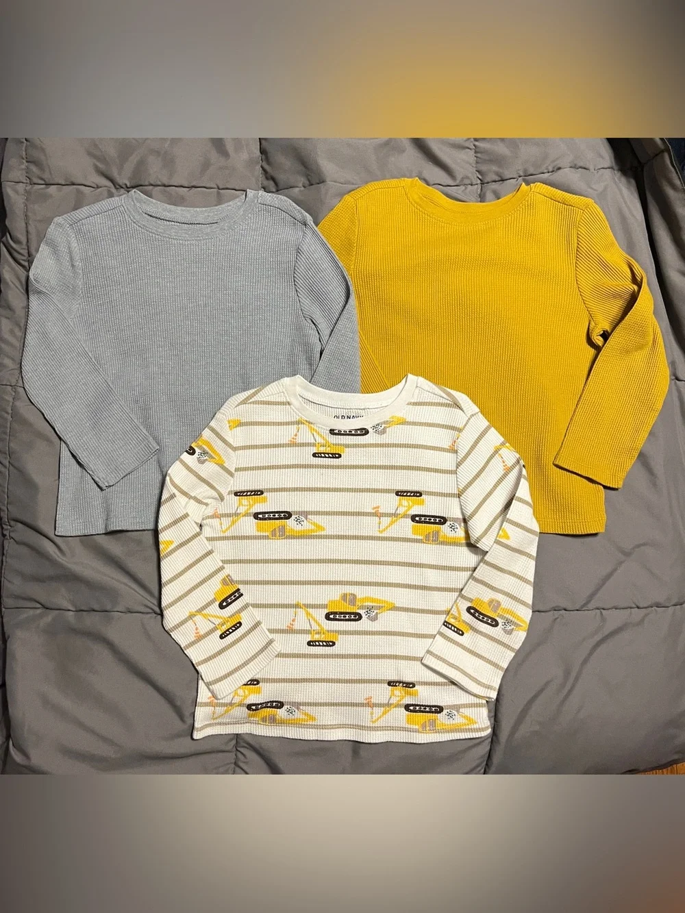 Old Navy Long-Sleeve Waffle tees: gray, yellow, & construction vehicle - size 4T